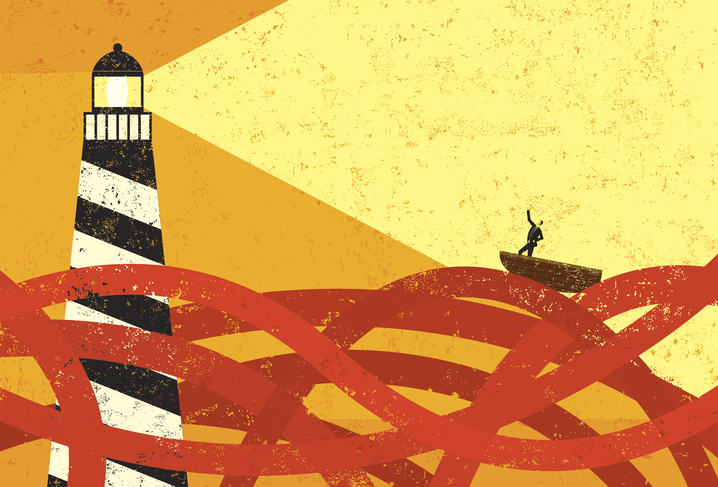 drawing of boat on red sea being guided by a lighthouse