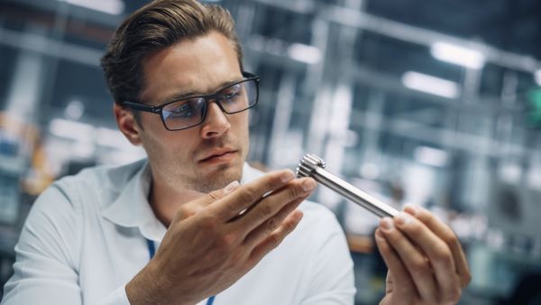 Portrait en gros plan d'un jeune ingénieur élégant en lunettes Travaillant sur la fabrication de pièce